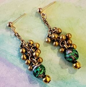 Green Glass Cluster Bead Earrings Retro 80s